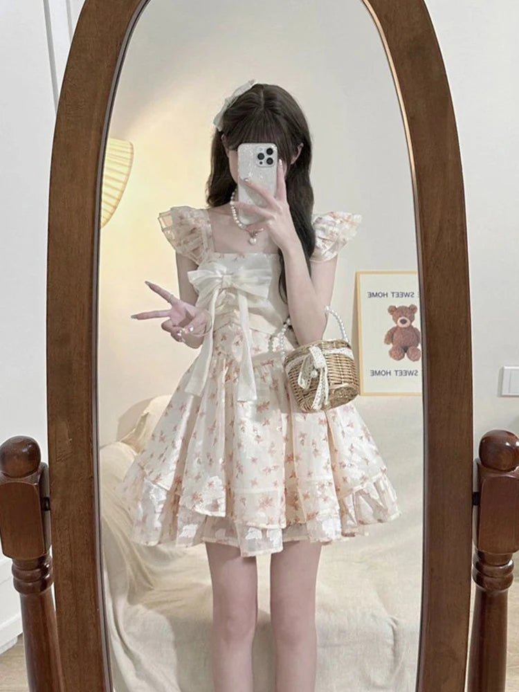 Cyflymder  Floral Sweet Cute Bow Dress Women Slim Vintage Flying Sleeve Mini Dress Summer Elegant Vintage French Sexy Lady Vestidos