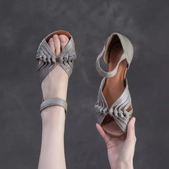 Cyflymder  Summer New Peep Toed Sandals women Hollowed Out Hand Woven Flat Sandals Leather Retro Low Heel