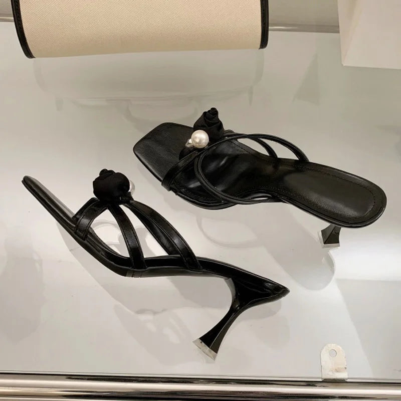 Cyflymder  Wine Red Flowers Pearl Women Slippers Sandals Fashion Square Open Toe Thin High Heels Mules Slides Summer Party Dress Shoe