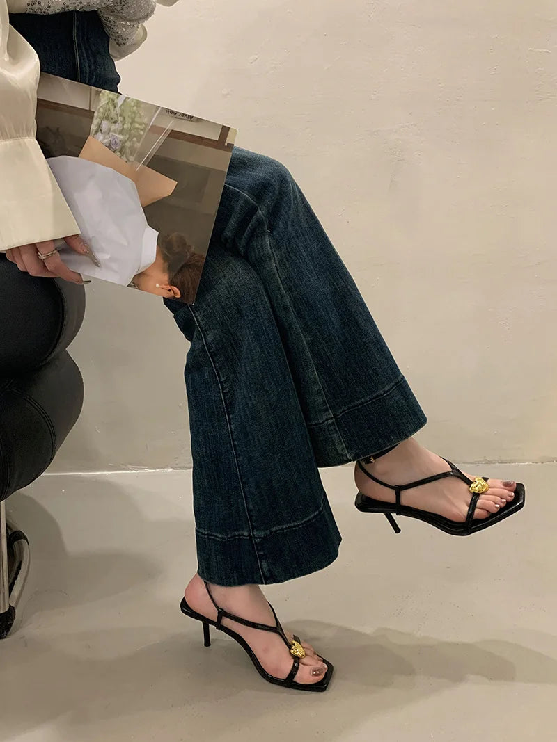 Cyflymder  Summer Fashion Metal Buckle Decoration Narrow Band Gladiator Sandals Women Square Toe Low Thin Heels Party Dress Shoes