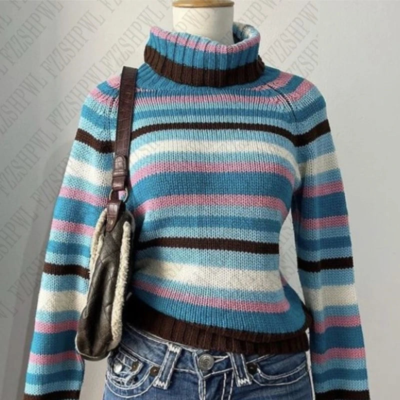 Cyflymder  Fashion Rainbow High collar emo Y2K Woman Clothing Cute Female Sweater Sweet Aesthetic Knitwear Lovely Harajuku Classic Pullover