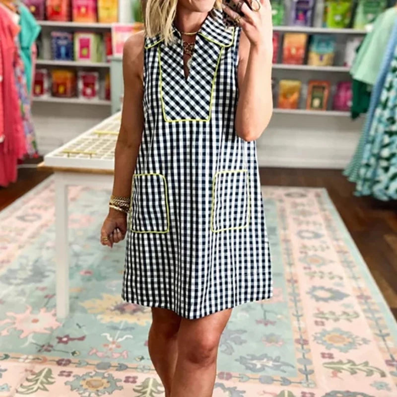 Cyflymder  Women Fashion Hight Waist Pocket Loose Mini Dress Sleeveless Casual Party Short Dress Vintage Plaid Splicing A-Line Summer Dress