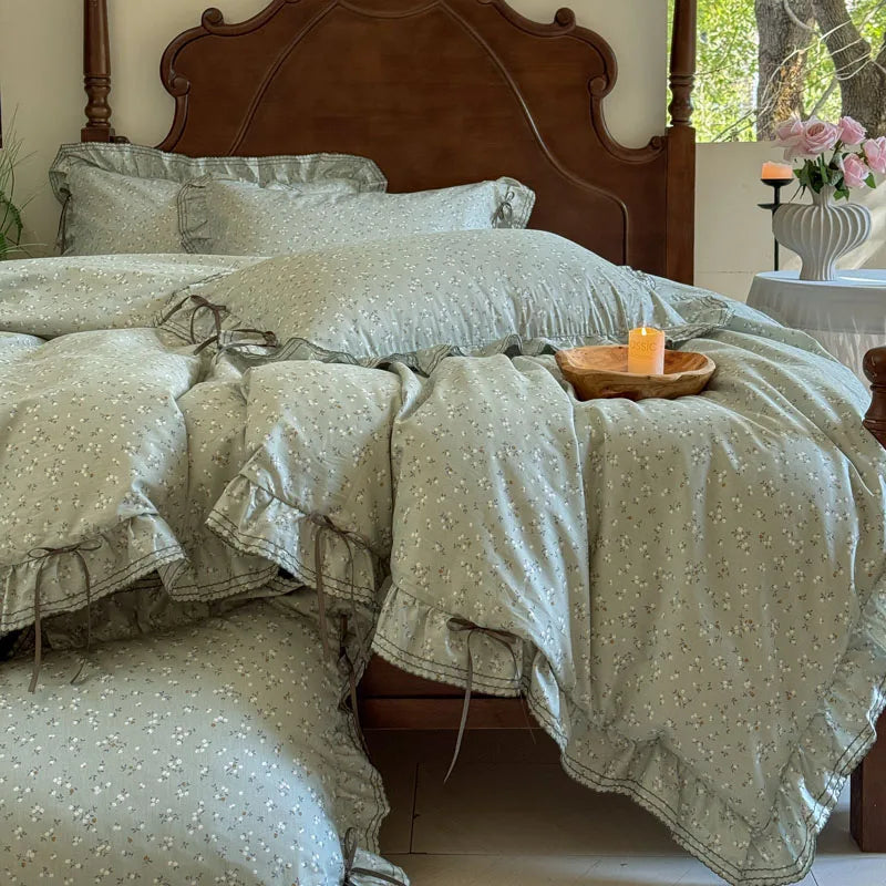 Cyflymder  100% Cotton Pastoral Floral Print Ruffles Bow Princess Bedding Set Queen King Duvet Cover Set Bed Sheet/Fitted Sheet Pillowcases