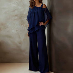 Cyflymder  Batwing Sleeve Chiffon Two Piece Set One Sleeve Asymmetric Hem Half Sleeve Blouse and Wide Leg Loose Pant Matching Set Summer