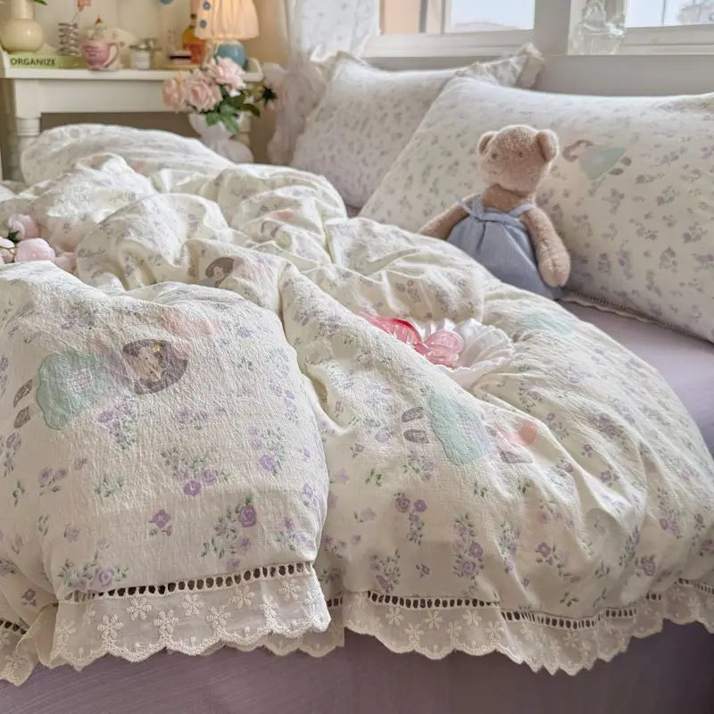 Cyflymder  Korean Style Girly Heart Floral Double Layer Gauze Four-Piece Set Princess Style Lace Trim Quilt Cover Bed Sheet Dormitory