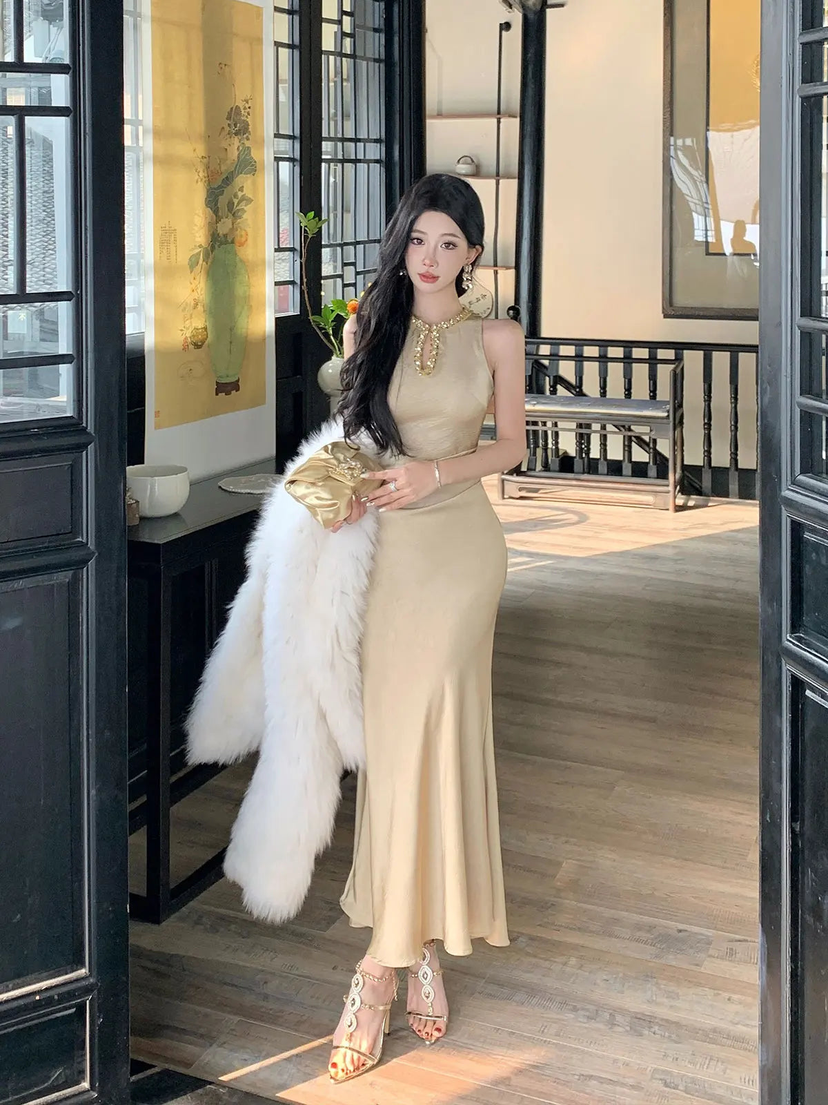 Cyflymder  Elegant Gold Sleeveless Long Dress V-Neckline Events Evening Parties Luxurious woman dresses  Hot Sexy Flowy Clothing