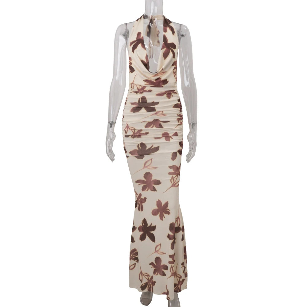 Cyflymder  Sexy Vacation Style Print Dresses for Women Swing Collar Sleeveless High Waist Slim Bodycon Long Dress Female New
