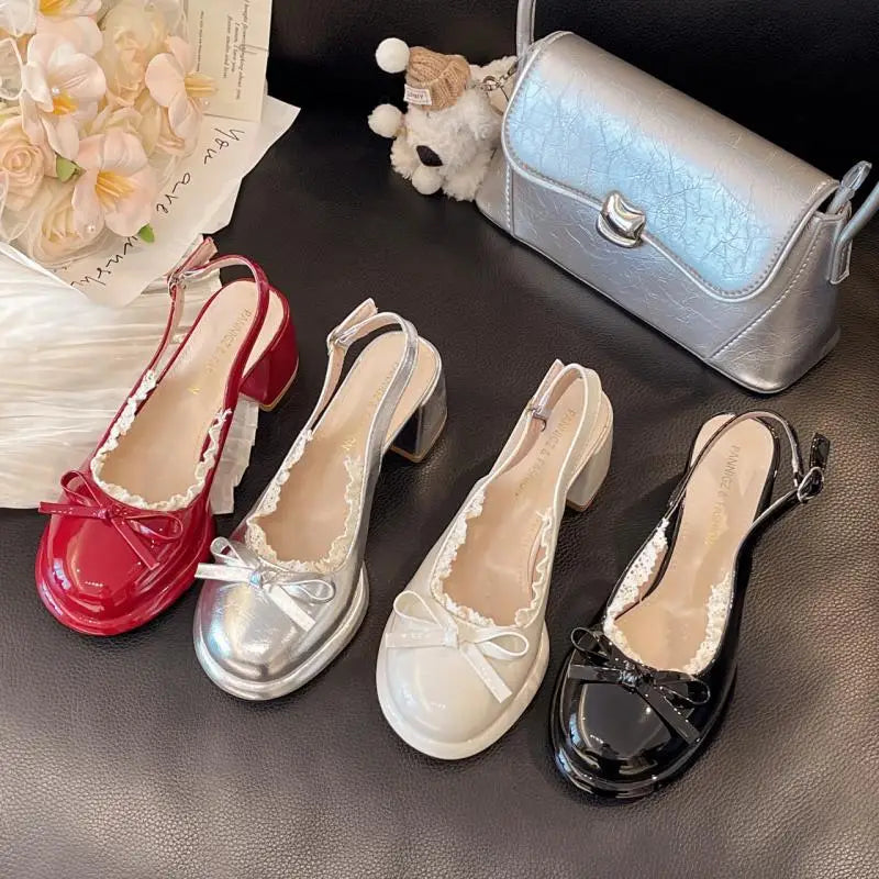 Cyflymder  Sweet Bowknot Patent Leather Mary Jane Shoes Women Summer Pointed Toe High Heel Sling Back Pumps Fashion Party Dress Shoes