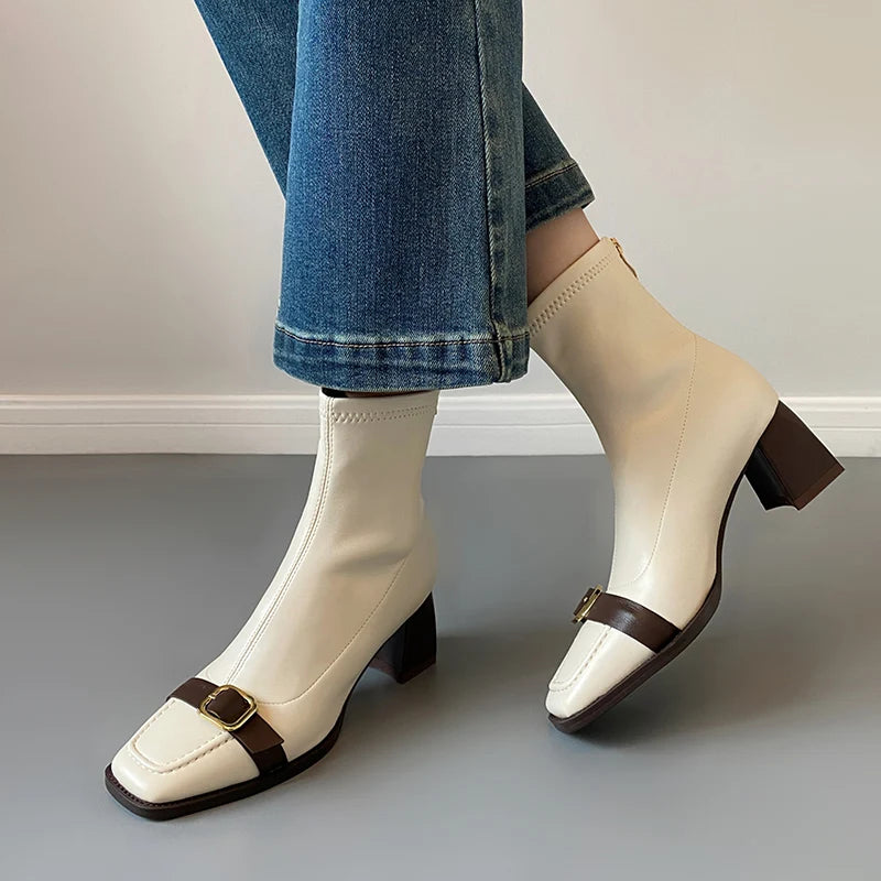 Cyflymder  Vintage Thick Heel Woman Ankle Boot Fashion Belt Buckle Ladies Elastic Slim Short Booties Autumn Winter Women's Shoes