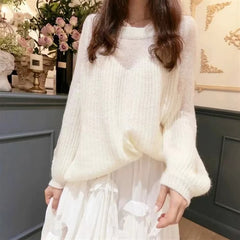 Cyflymder  Lazy Style Knitted Sweater Women Autumn Winter Loose Hollow Out Lantern Sleeve Pullover
