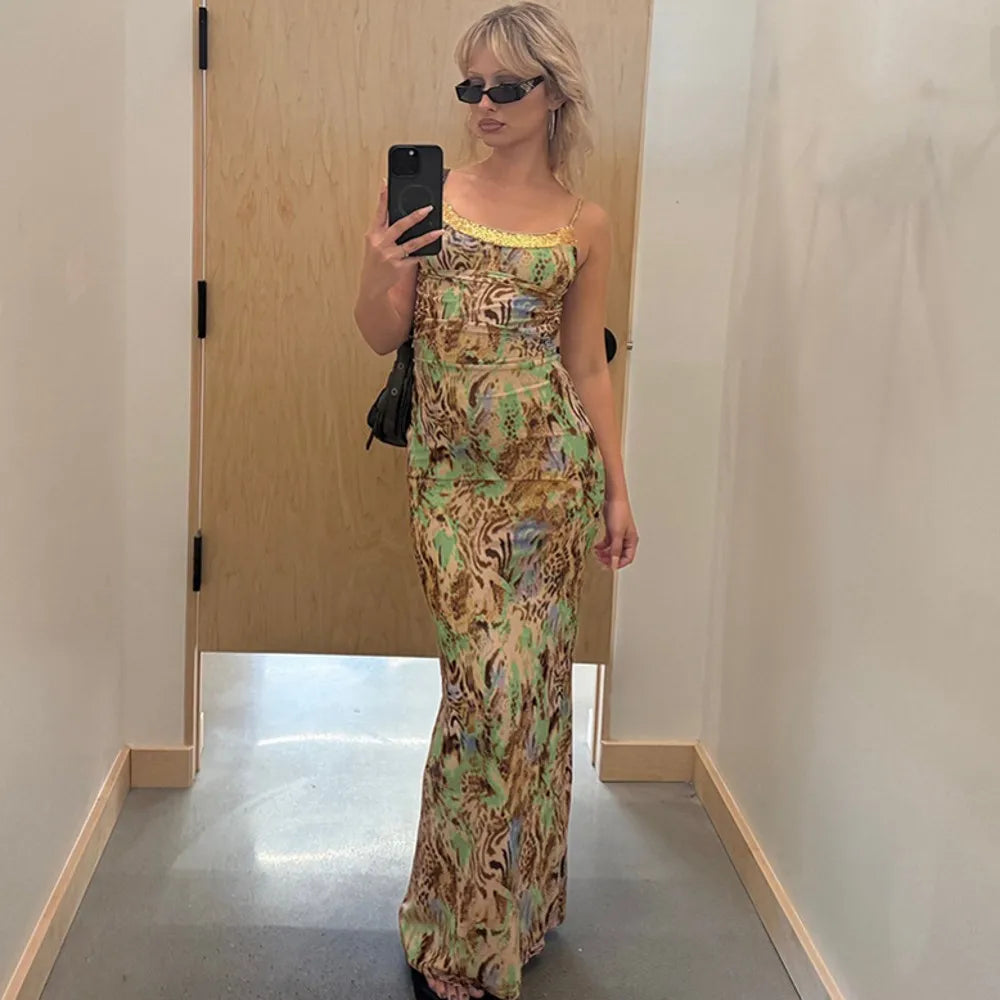 Cyflymder  Summer Floral Print Plunge Maxi Dress Outfits Sexy Backless Fairy Sun Spaghetti Strap Dress Vacation Beachwear Vestido Coquette
