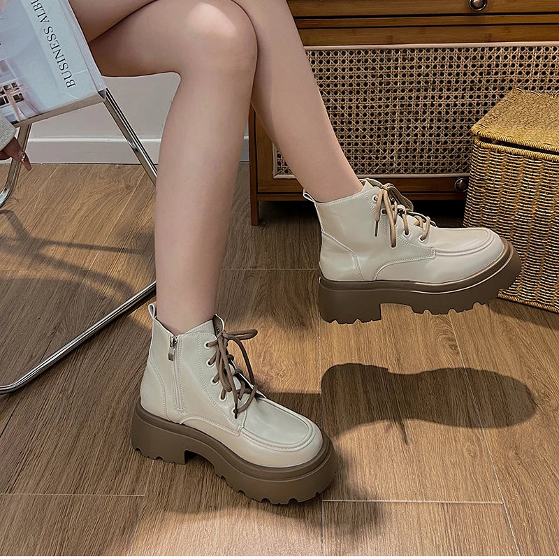 Cyflymder  Platform Thick Bottom Warm Short Plush Women Motorcycle Boots Fashion Lace Up Shoes Autumn Winter Female Short Booties