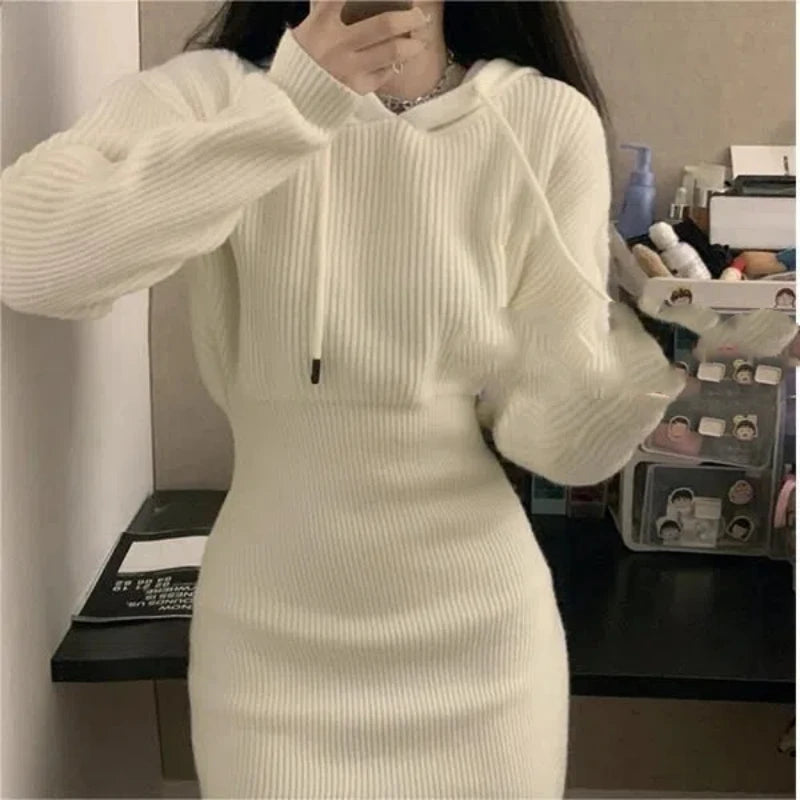 Cyflymder Spring Autumn New Fashion Hooded Long Sleeve Solid Color Knitted Dress Women High Street Slim Dresses Elegant Chic Vestidos