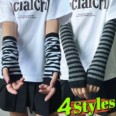 Cyflymder  Women y2k Winter Warm Long Sleeves Fingerless Gloves Stripe Hip-hop Knitted Elbow Mittens Elastic Outdoors Warmer Lolita Cosplay