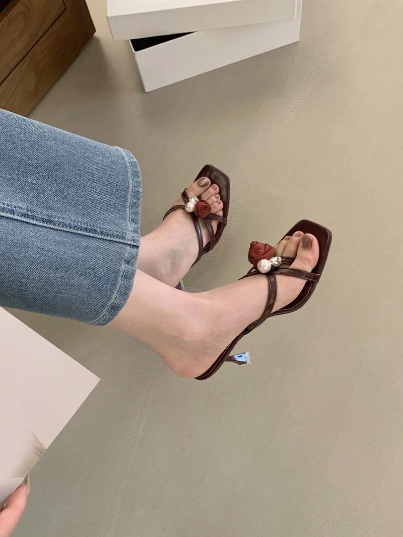 Cyflymder  Wine Red Flowers Pearl Women Slippers Sandals Fashion Square Open Toe Thin High Heels Mules Slides Summer Party Dress Shoe