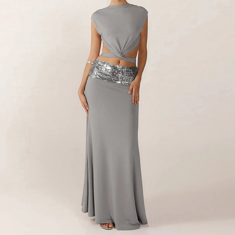Cyflymder  Elegant Shiny Splicing Slim Suit Fashion O-neck Cross Hollow Tops & Long Skirt Set Women Casual Sleeveless Solid 2 Piece Outfits