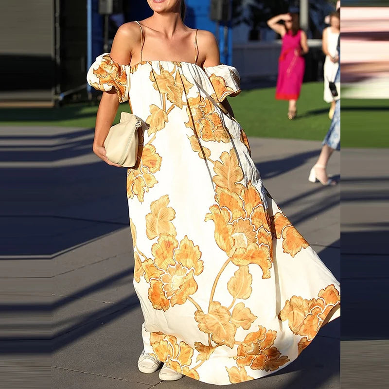 Cyflymder  Women Elegant Patterns Print Loose Party Dress Fashion Hight Waist Suspender Dress Sexy Off Shoulder Short Sleeve Vacation Dress