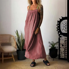 Cyflymder  Women Cotton Linen Solid Color Dresses Side Pocket Backless Suspenders Dress Female Daily Comfortable Casual Commuter Gown
