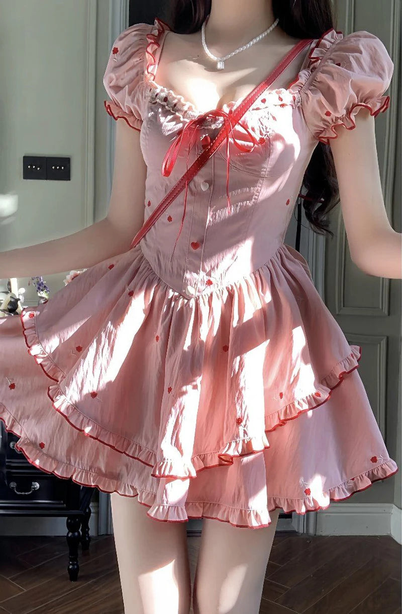 Cyflymder  Casual Print Sexy Dress Women Slim Fashion Square Collar Sweet Mini Dress Fashion Lace Up Puffy Sleeve Korean Vestidos New