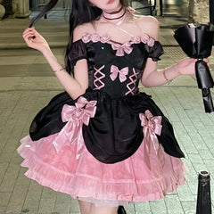 Cyflymder DRESS TO IMPRESS Japanese Gothic Lolita Dress Women Kawaii Bow Bear Lace Pink Black Off Shoulder Princess Dresses Girls Sweet Halloween Costume