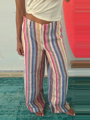 Cyflymder  Multicolor Striped High Waisted Pants Wide Leg Full Length Retro Resort Trousers Summer Casual Fashion Beach Daily Wear