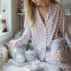 Cyflymder   Floral Two-piece Set Long-sleeve Single-breasted Top and Long Pants Women's Loungewear Casual Two-piece Set
