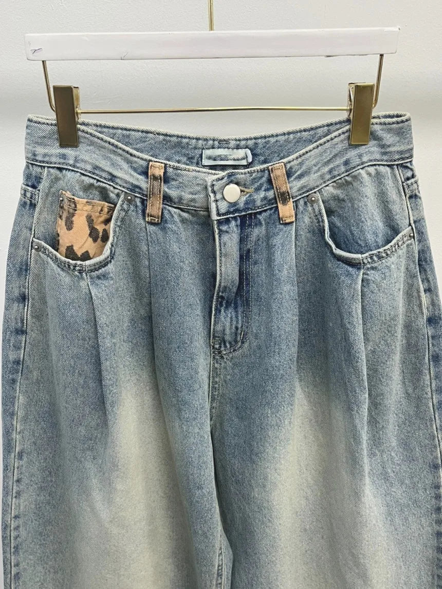 Cyflymder  Retro Splicing High Waist plus Size Slimming Leopard Print Design Casual Sle Women's Jeans Autumn New Arrival