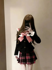 Cyflymder  Japanese College Style Sweet JK Skirt Suit Women Sailor Collar Bow Tops + Plaid Pleated Skirts New Vintage Slim Harajuku Outfits
