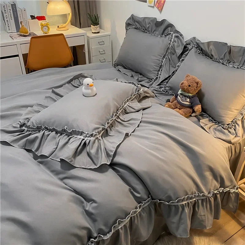 Cyflymder  Korean Solid Pure Cotton Bed Skirt Bedding Sets Washed Cotton Comforter Set with Lace Princess Soft and Skin-Friendly Bedclothes