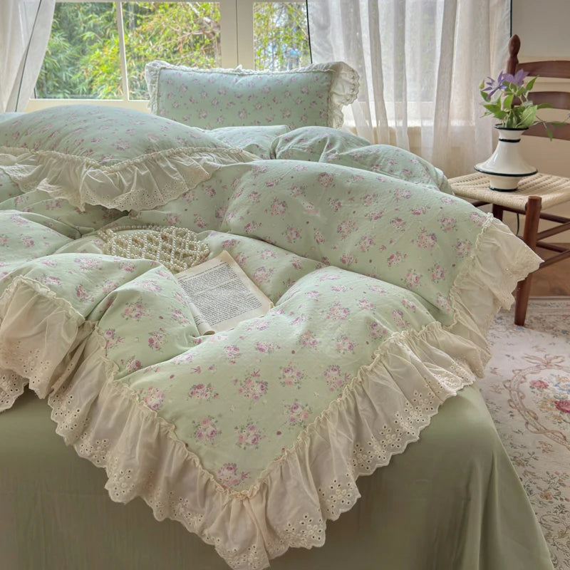 Cyflymder  Korean Princess Style Floral Lace Ruffles Bedding Set 100% Cotton Double Yarn Duvet Cover Flat/Fitted Bed Sheet Pillowcases 4Pcs