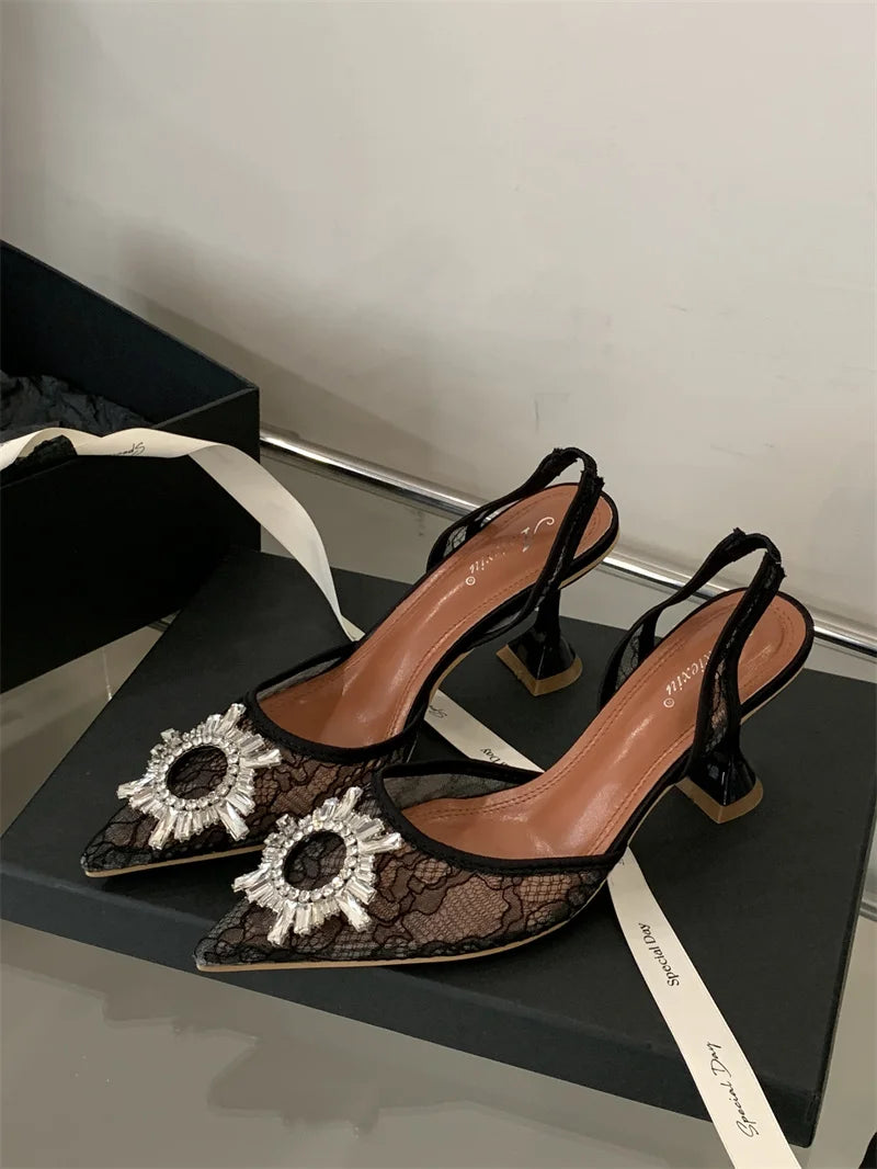 Cyflymder  Lace Denim Women's Buckle Strap Rhinestone Sandals Female Shoe High Heels Laces Girls 2025 Comfort High-heeled Closed Spring