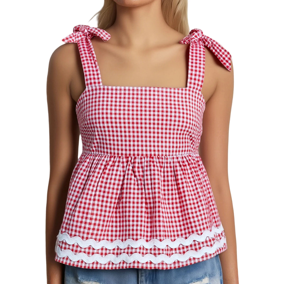 Cyflymder  Women s Sleeveless Plaid Print Babydoll Tank Top with Square Neckline and Smocked Detail - Trendy Summer Shirt