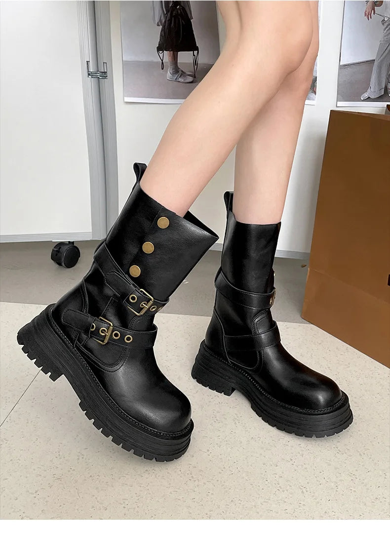 Cyflymder  Vintage Height Increase  Women Knight Boots Square Heels Goth Mid Calf Booties Buckle Strap Casual Shoes