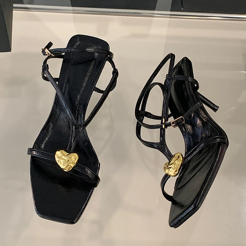 Cyflymder  Summer Fashion Metal Buckle Decoration Narrow Band Gladiator Sandals Women Square Toe Low Thin Heels Party Dress Shoes
