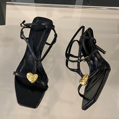 Cyflymder  Summer Fashion Metal Buckle Decoration Narrow Band Gladiator Sandals Women Square Toe Low Thin Heels Party Dress Shoes