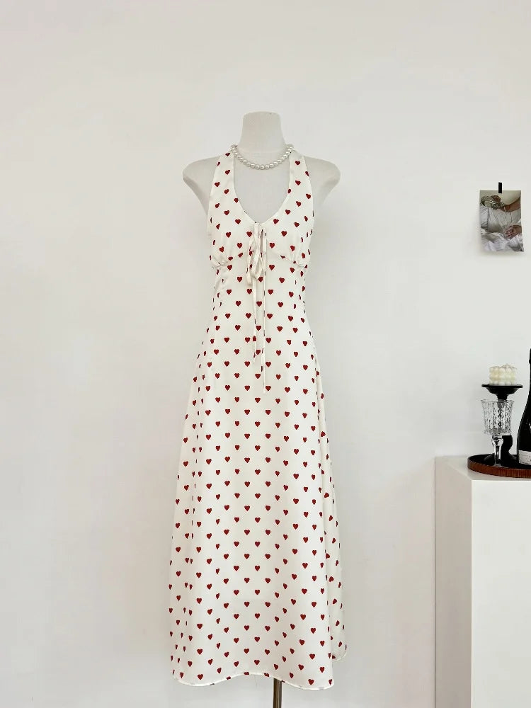 Cyflymder  French Elegant Heart Dot Long Dresses Sweet Slim Neck-mounted Summer Vacation Clothing Women Vintage Sexy Evening Party Dress