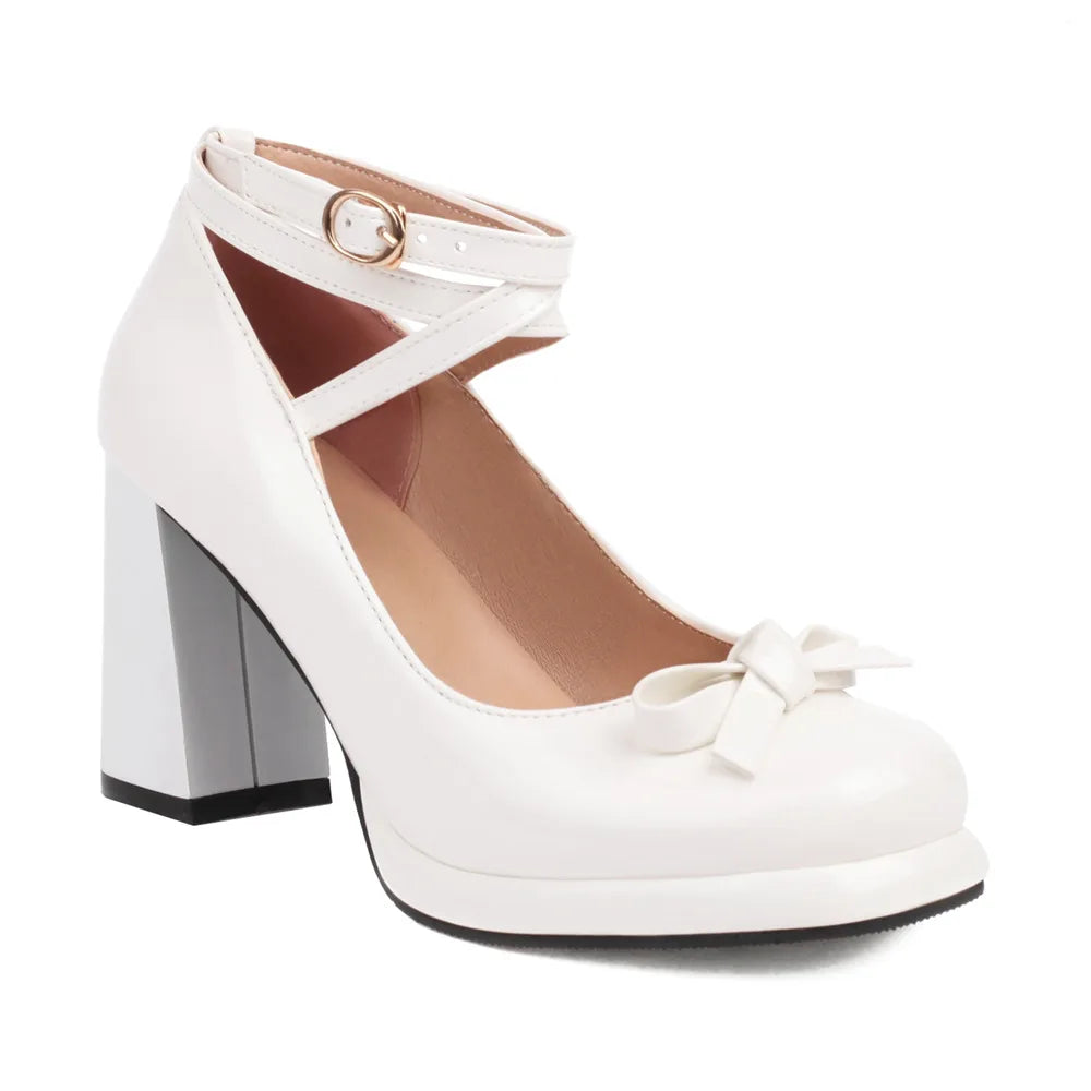 Cyflymder   Big Size 43 Sweet Bow knot Mary Janes Shoes Cute Burgundy Ankle Strap Pumps Lolita Platform Block High Heels White Wedding Pumps