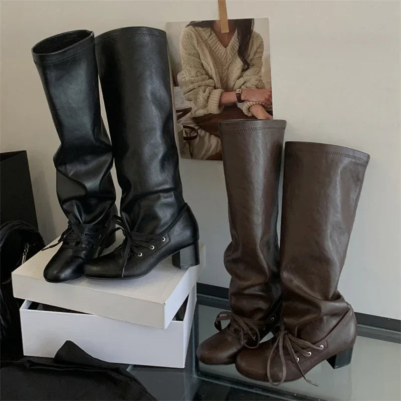 Cyflymder  Soft Leather Lace Up Pleated Knee High Boots for Women Round Toe Square Low Heels Long Booties Ladies Autumn Winter Shoe Female