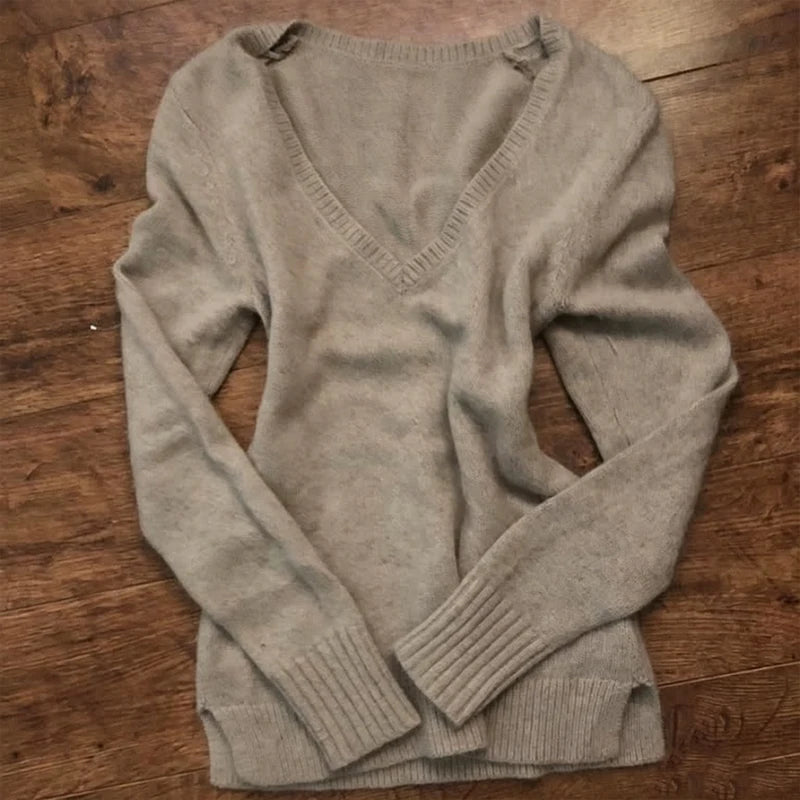 Cyflymder  Y2K Vintage Light Gray V Neck Knit Sweater Women Long Sleeve Slim Fit Soft Knitted Jumper Casual Aesthetic Pullover Top