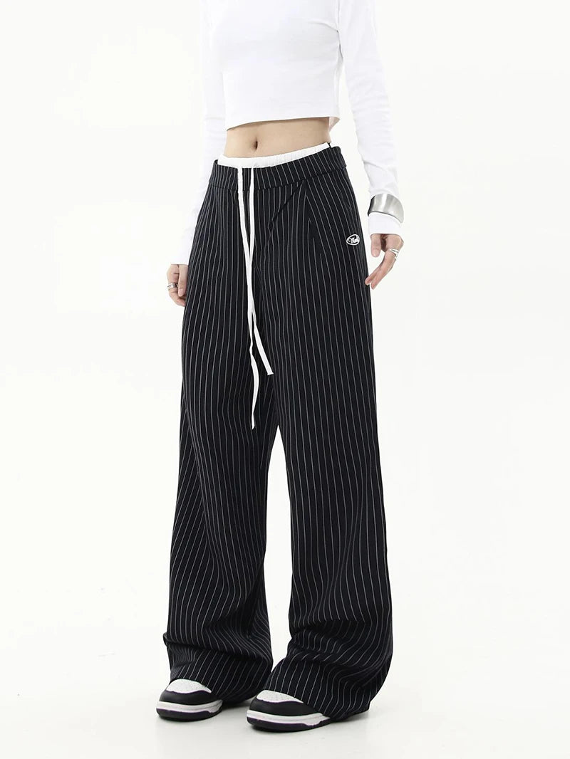 Cyflymder  American Striped Wide Leg Pants Women High Waist Patchwork Vintage Trousers Casual Loose Female Retro Straight Pants New