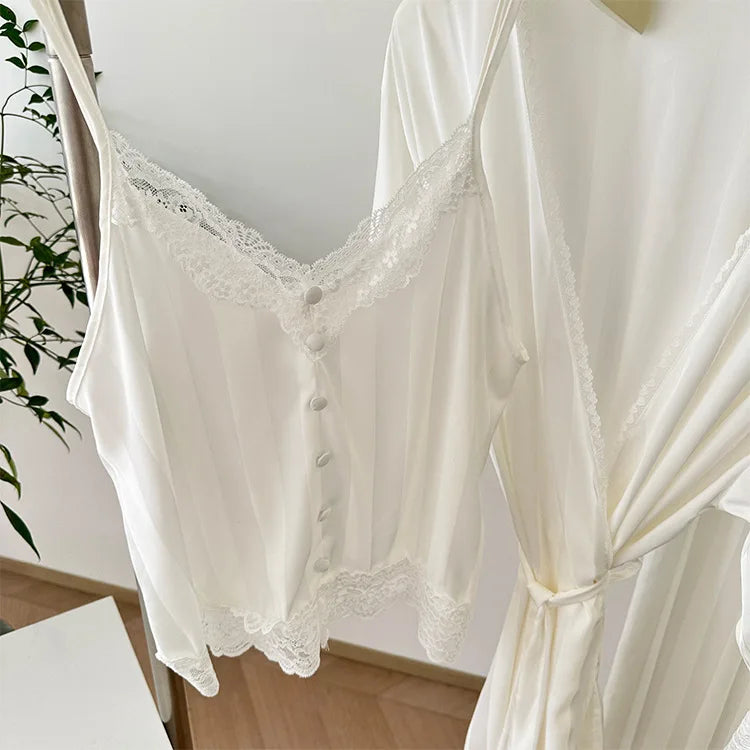 Cyflymder  Sexy Lace Trim Women Pajama Set 3PCS Faux Silk Robe Sleeveless Top Long Pant HomeWear Spring Summer Nightwear Elegant Loungewear