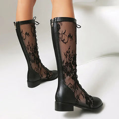 Cyflymder   Summer Knee High Lace Mesh Sandals Boots for Women Fashion Sandalias Booties Lace Up Square Heels Shoes Woman WSH5596