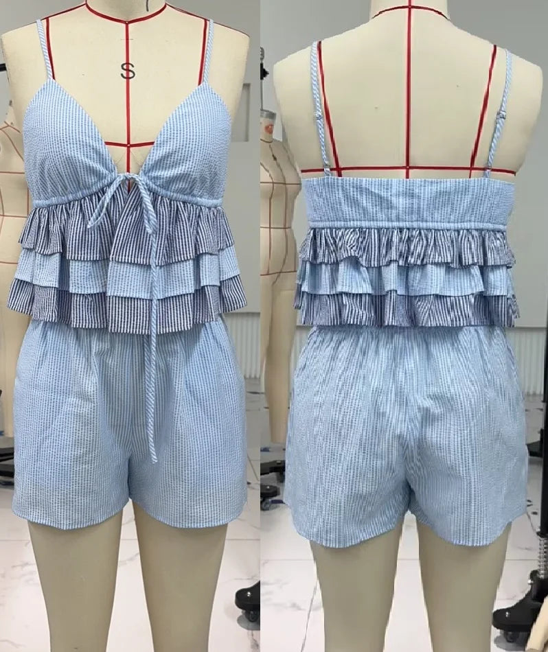 Cyflymder  Women's Summer 2Pieces Striped Outfits Sweet Loungewear Spaghetti Strap Deep V Neck Layered Ruffle Tops Elastic Waist Shorts
