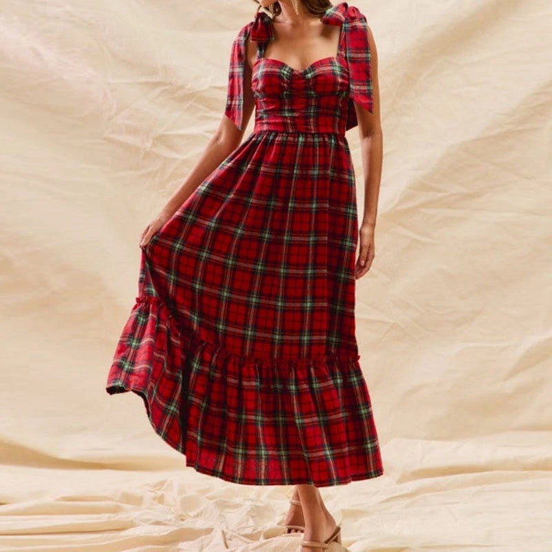 Cyflymder  Women Christmas Plaid Sleeveless Maxi Dress Fall Ruffle Sleeve Cocktail Long Dresses Vintage Gingham Party Dress
