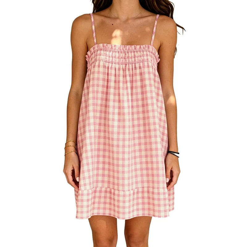 Cyflymder  Women Gingham Plaid Mini Dress Smocked Ruffle Loose Flowy Sundress Coquette Summer Beach Vacation Casual Shift Dress