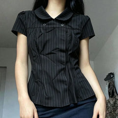Cyflymder  Fashion New Women Y2k Short-sleeved Shirt with Casual Striped Pattern Turn-down Collar Buttoned T-shirt Punk Gothic Streetwear