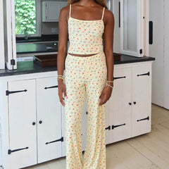 Cyflymder  Women Y2K Floral 2 Piece Lounge Set Spaghetti Strap Crop Camisole Elastic Waist Wide Leg Pajama Pants Casual Sleepwear