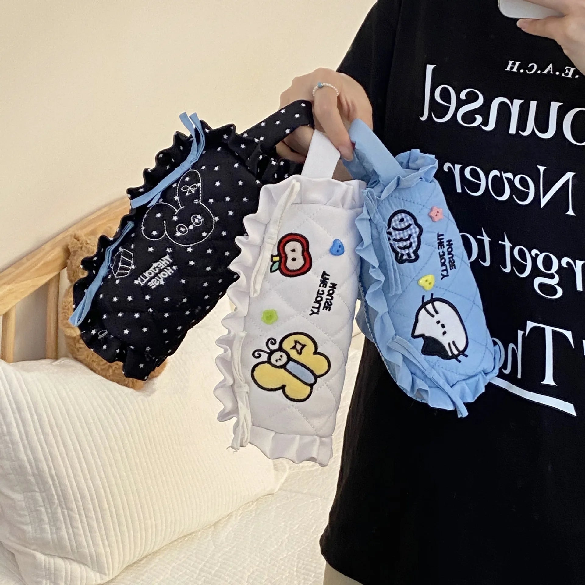 Cyflymder  Korean Fashion Ruffle Pencil Case for Kids Girl Sweet Cartoon Bunny Kitten Stationery Organizer Kawaii Pen Pouch Back To School