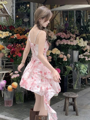 Cyflymder  Summer New French Floral Holiday Beach Y2k Irregular Dresses Women Fashion Elegant Camisole Dress Sweet Evening Party Prom Gown