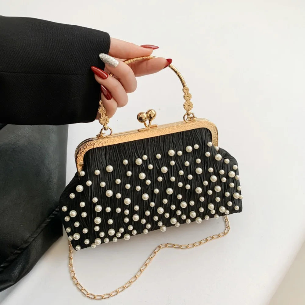 Cyflymder Artificial Pearl Diamond Inlaid Shoulder Bag Metal Chain Messenger Bag Lady Banquet Shell Bag Fashion Evening Handbag